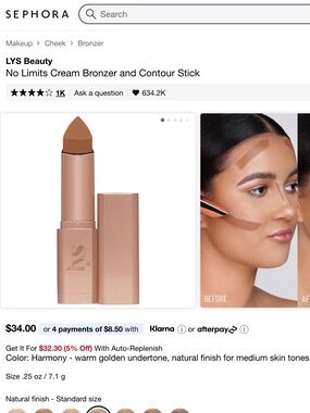 NEW LYS No Limits Cream Bronzer & Contour Stick — Harmony (Warm Golden Brown)